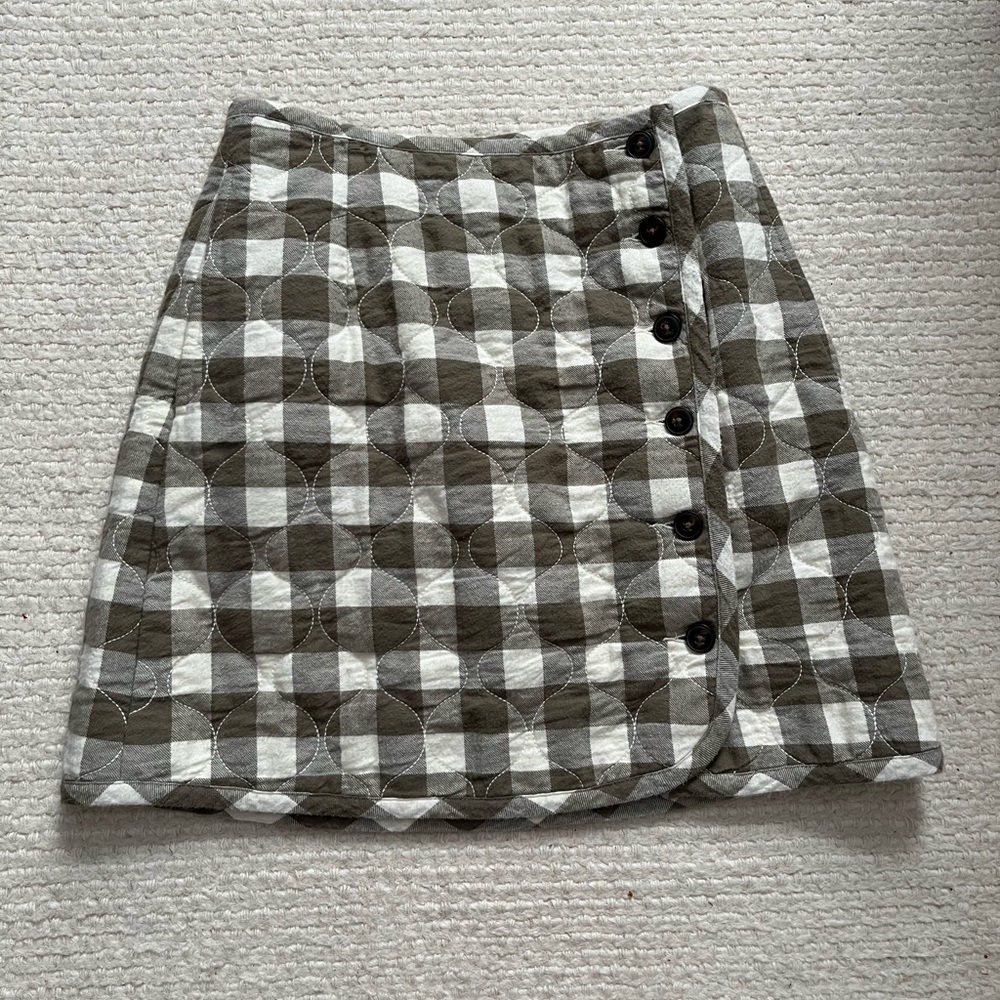 Madewell Olive and White Quilted Gingham Button Skirt